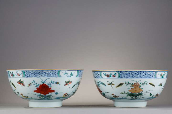 Pair porcelain bowls "Famille verte" decorated with the doucai style  - Yongzheng period